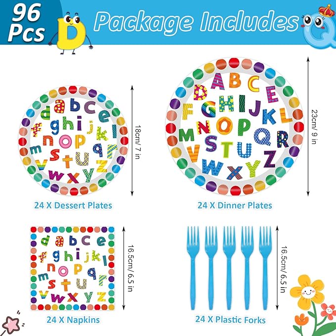 96 PCS Colorful Alphabet Party Decorations, Disposable ABC Letters Paper Plates Napkins Set School Classroom Educations Party Supplies for Kids Birthday Baby Shower Alphabet Games, Serves 24