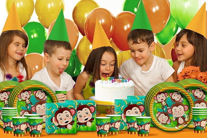 Monkey Birthday Party Supplies - Jungle Animal Party Supplies - Zoo Animal Party Supplies | Tableware Set Includes Plates, Napkins and Cups | Kit for 16