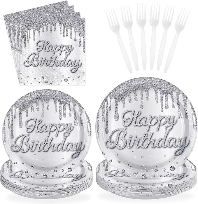 96 Pcs Silver Glitter Party Supplies Silver Plates and Napkins Glitter Diamonds Theme Birthday Decorations for Denim and Diamonds Wedding Silvers Birthday Party Decorations Serves 24