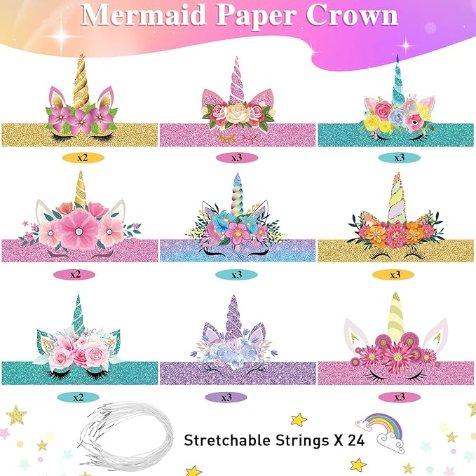 24 Pcs Unicorn Birthday Party Hats Paper Party Crown Unicorn Headbands for Boys Girls, Princess Dress up Theme Decorations Birthday Favors Supplies Headbands