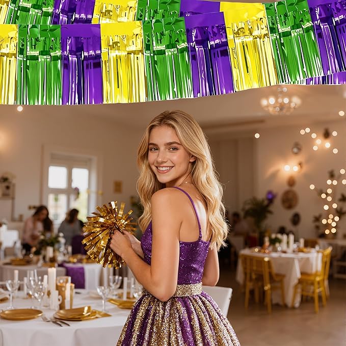 OHOME Mardi Gras Decorations - 2 Pack Gold Green Purple Streamers | Mardi Gras Party Favors Supplies Decor Indoor Outdoor - Masquerade Birthday Party Float Garlands Photo Booth Banner Backdrop,10 FT