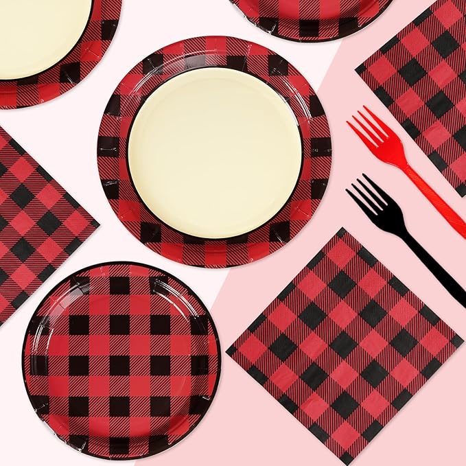 96PCS Red and Black Buffalo Plaid Party Supplies Buffalo Plaid Party Plates and Napkins Disposable Christmas Red Black Gingham Tableware for Christmas Birthday Lumberjack Party Decorations Serves 24
