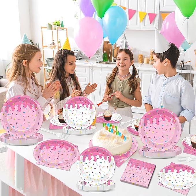 96Pcs Pink Donut Confetti Party Plates and Napkins Themed Decorations Spring Pink Donut Dessert Plates Donuts Tableware Set for 24 Guests Grow Up Themed Baby Shower Party Favors Supplies