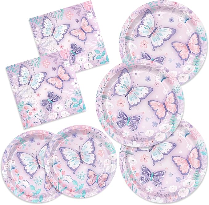 150pcs Butterfly Birthday Party Supplies Purple Butterfly Paper Plates Napkins Disposable Tableware Set Butterfly Party Supplies for Boys Girls Birthday Decor Serves 50 Guests