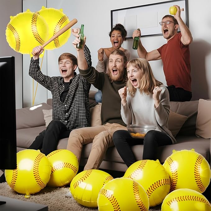 12 Pcs Yellow Baseball Balloons,18 Inch Baseball Party Foil Balloons,Sports Mylar Balloons Baseballs Birthday Decorations for Baseballs Party Sports Theme Party Supplies