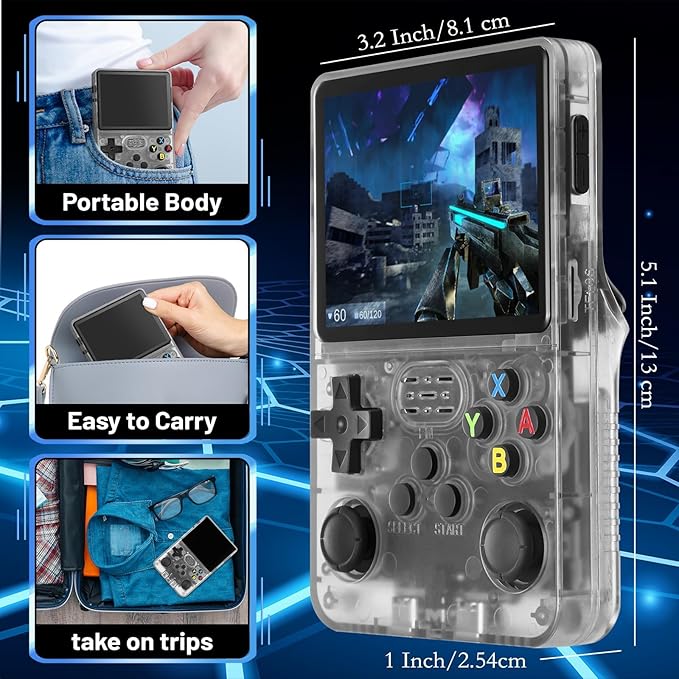 R36S 2025 New Retro Handheld Game Console, 20000+ HD Games Mini Retro Video Console, 3.5 Inch IPS Screen, Portable Arcade Video Gaming Console Gift for Adults (Blue)