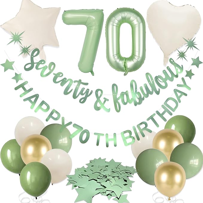 Sage Green Seventy & Fabulous Happy 70th Birthday Banner Garland Foil Balloon 70 for Womens 70th Birthday Decorations Hanging 70 and Fabulous Cheers to 70 Years Old Birthday Party Supplies Backdrop