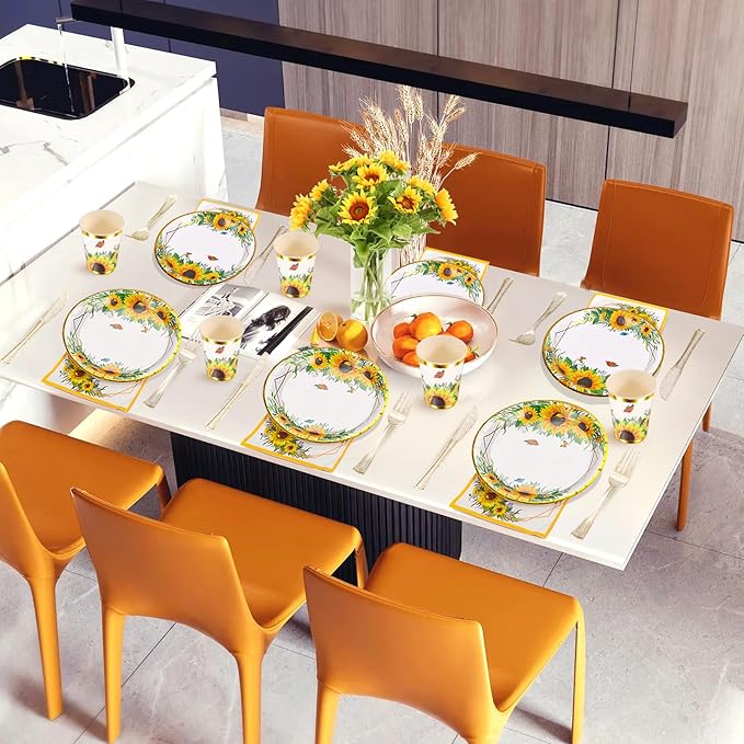 Sunflower Party Supplies, Disposable Plates, Cups, Napkins and Cutlery for Birthday, Bridal Shower, Sunflower Party Decorations Serves 24