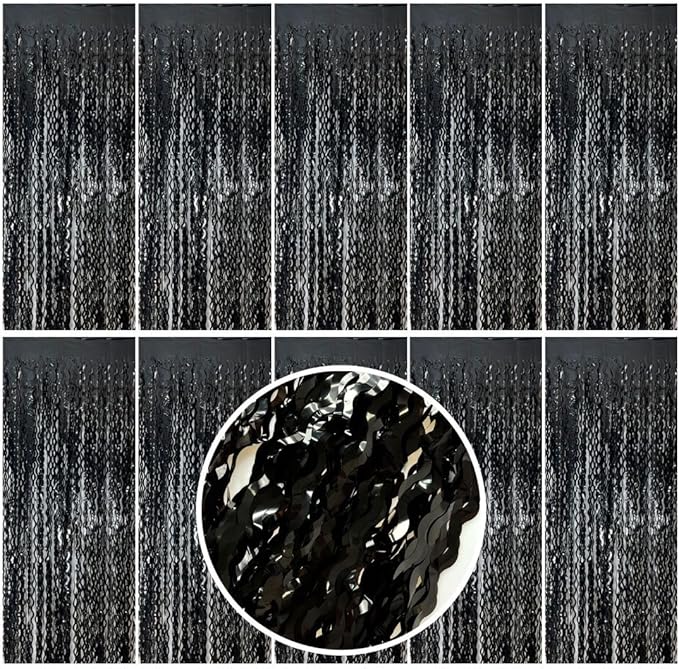 Black Backdrop for Party Decorations, Wave Foil Fringe Curtain Tinsel Photo Backdrop Black Streamers Tinsel Curtain for Birthday Wedding Bachelorette Christmas Celebration Party Decorations