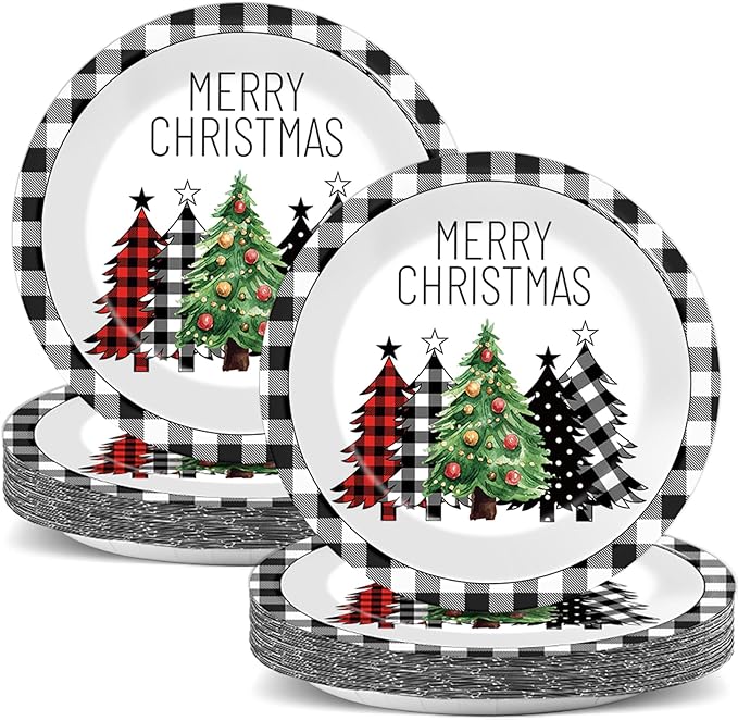 CHUNNIN 50Pcs Christmas Buffalo Plaid Tree Paper Plates 7 Inch Black White Table Decoration Merry Christmas Disposable Dinnerware Xmas Trees Tableware for Xmas Holiday Birthday Party Supplies
