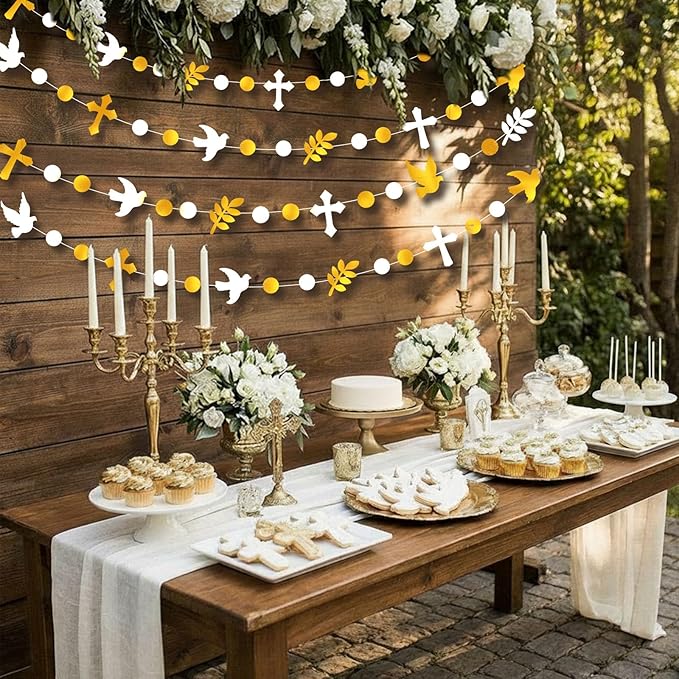 Frienda 8 Pcs Baptism Cross and Dove Garland Banner Christening God Bless Hanging Banners Decoration First Holy Communion Baby Shower Garlands Gold and White Christain Wedding Birthday Party Supplies