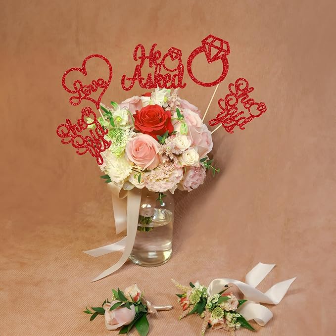 Gyufise 12Pcs He Asked She Said Yes Centerpiece Sticks Double Sided Glitter Diamond Ring Heart Love Table Centerpiece Sticks for Wedding Engagement Party Supplies Red