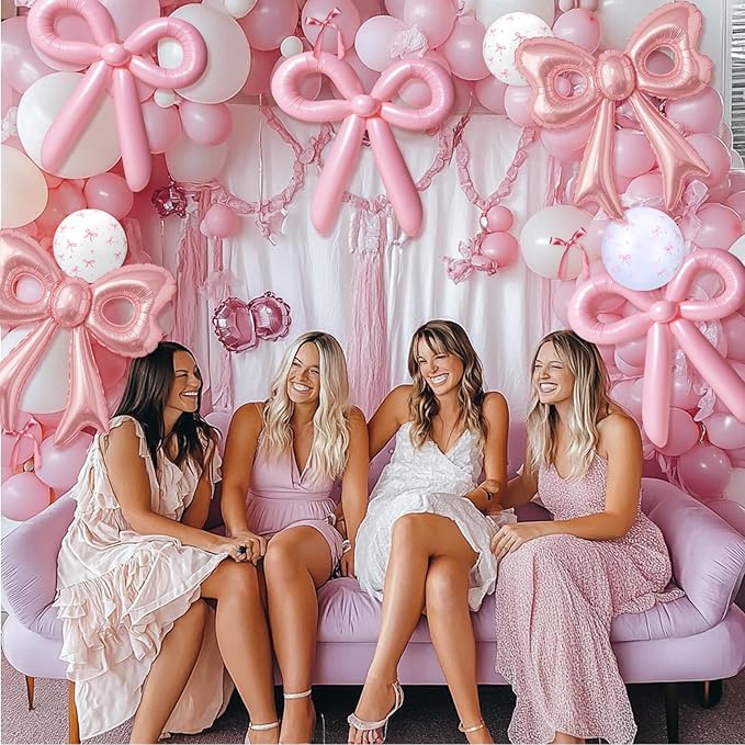 88Pcs Pink Bow Confetti Balloons, Huge Pink Bow Aluminum Foil Balloons Helium Latex Balloon for Birthday Baby Shower Wedding Engagement Bridal Bachelorette Princess Coquette Party Decorations Supplies