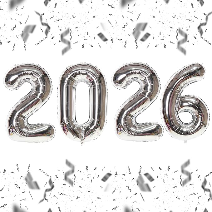 KALOR 16 Inch 2026 Silver Foil Number Balloons, 2026 New Years Decorations for 2026 Happy New Year Eve and Graduations Party Supplies