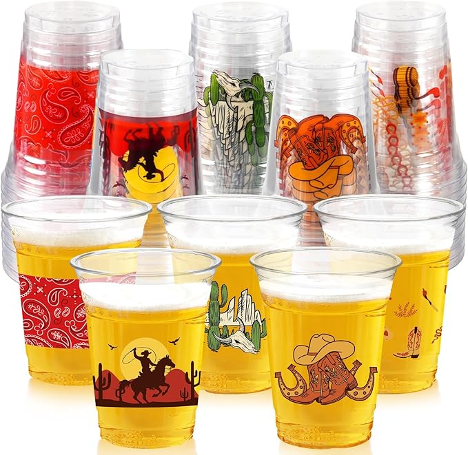 50Pcs Western Cowboy Plastic Cups,12 OZ Disposable Cowboy Themed Drinking Cups for Western Themed Parties, Tailgate Events,Christmas Wedding Birthday Rodeo Party Supplies Decorations Favors