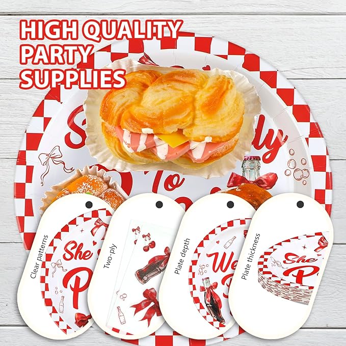 96Pcs She's Ready to Pop Baby Shower Decorations Soda Pop Drink Themed Plates and Napkins Red White Bow Gingham Disposable Paper Tableware Set for Girls Baby Shower Party Supplies Serves 24