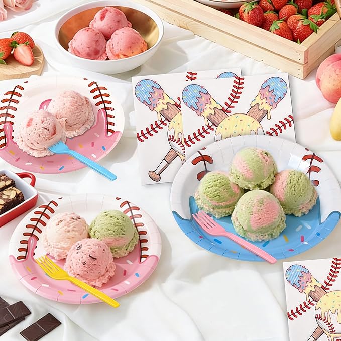 96 Pcs Baseball Ice Cream Drip Party Supplies Disposable Tableware Set Include Baseball Paper Plates and Napkins Plastic Forks for Sports Theme Birthday Decorations, Serve 24 Guests