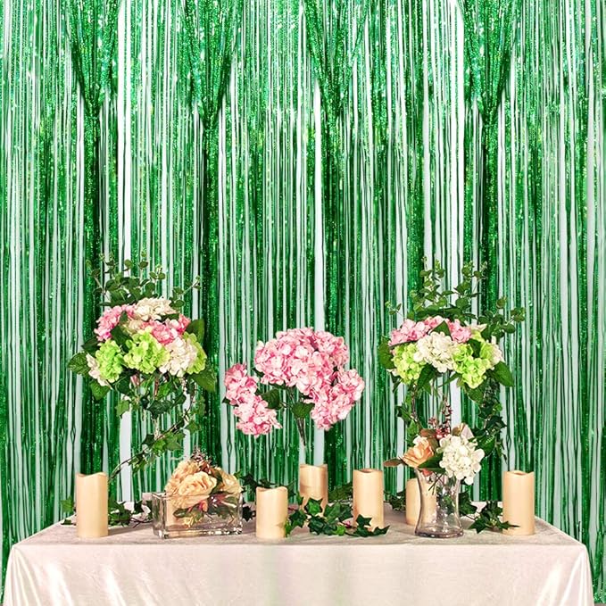 Iridescent Foil Fringe Curtains Rainforest Jungle Theme Party Supplies Birthday Wedding Party Window Door Decorations Fun Photo Booth Backdrop Props(2 Packs, (W) 3.28*(H) 6.56 Ft, Green)