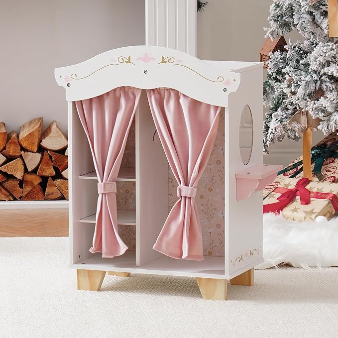 ROBOTIME 18in Doll Closet, Wooden Doll Closet Wardrobe, Pink Doll Wardrobe Closet Fits 16-18in Dolls, Gift for Boys & Girls