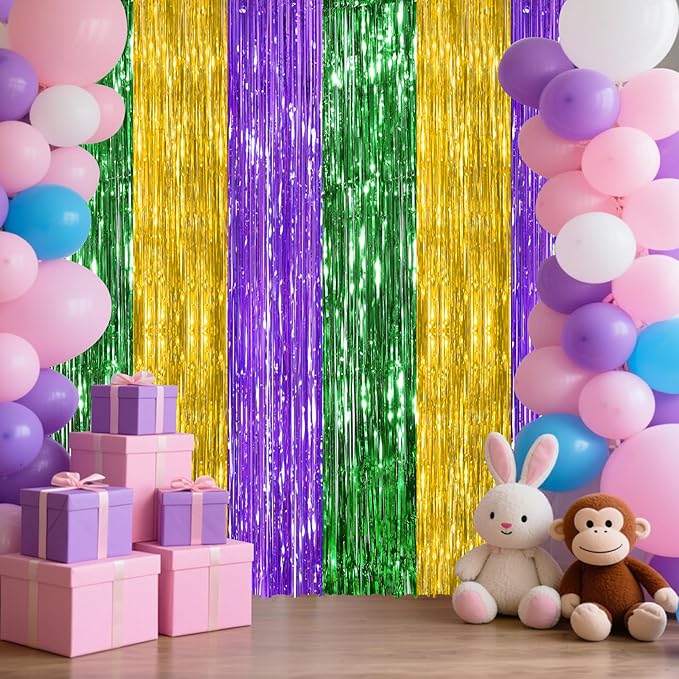 2Pack Green Gold Purple Party Backdrop Decorations,3.3x8.3ft Tinsel Curtain Birthday Decorations Foil Fringe Photo Booth Streamer Backdrop Green Theme Xmas Bachelorette Graduation Party Decorations