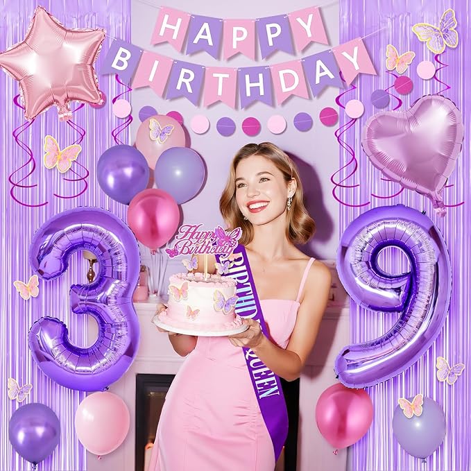 39th Purple Birthday Decorations for Women, Pink and Purple Happy 39 Birthday Party Decorations with Happy Birthday Banner, Number Foil Balloons, Butterfly Cake Topper for 39th Party Supplies