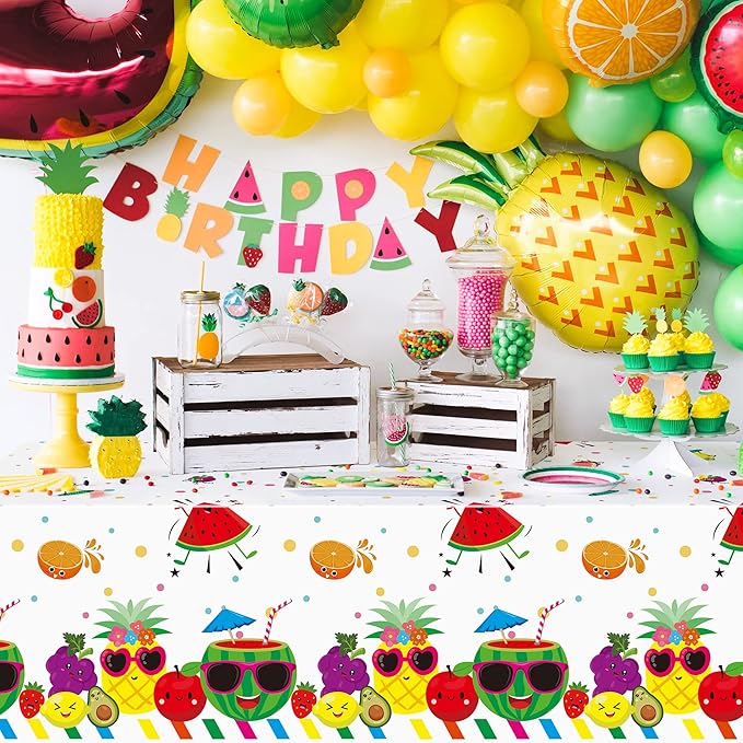 3 Packs Fruit Theme Table Cover Decorations Watermelon Pineapple Disposable Plastic Tablecloths for Kids Birthday Baby Shower Summer Fruit Hawaii Party Decorations Supplies, 54x108 inch
