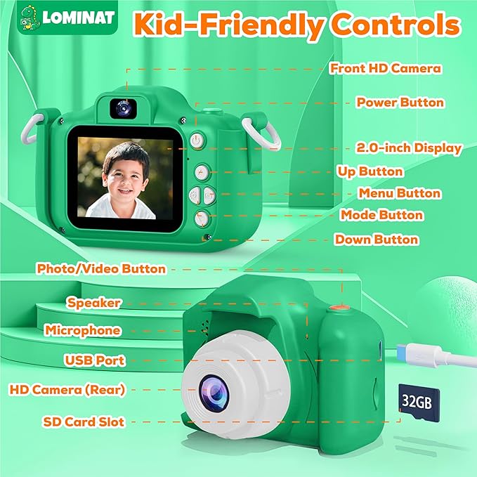 Kids Camera for 3, 4, 5, 6, 7, 8, 9 Year Old Boys Girls – 1080P HD Kids Video Camera, Dinosaur Christmas Birthday Gifts, Toddler Dual Lens Digital Camera with Games, Toys for Toddlers - 32GB SD Card