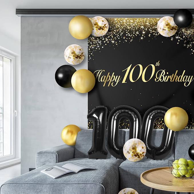 Happy 100th Birthday Balloons Black Set Decor - Cheers to 100 Years Old Party Theme Garland Banner Backdrop Decorations For Women and Men Supplies