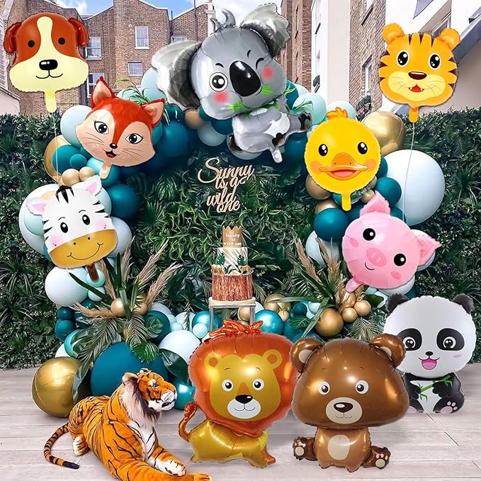 10 Pcs Safari Animal Balloons for Jungle Birthday Party Decorations - Giant Elephant, Lion, Monkey, Panda, Zebra Foil Balloons for Boys Wild One Baby Shower Zoo Party