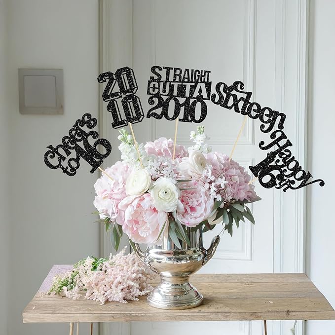 Gyufise 15Pcs Happy 16th Birthday Centerpiece Sticks Sixteen Straight Outta 2010 Table Flower Centerpieces Sticks for Cheers to 16th Birthday Party Supplies Black