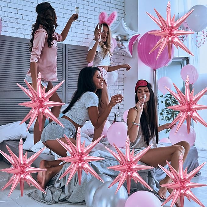 6 Pcs Silver Star Foil Balloons One-Piece 14-Pointed Star Balloon 4D Starburst Cone Mylar Balloon 22inch Christmas Birthday Wedding Wedding Anniversary Party Supplies (Pink)