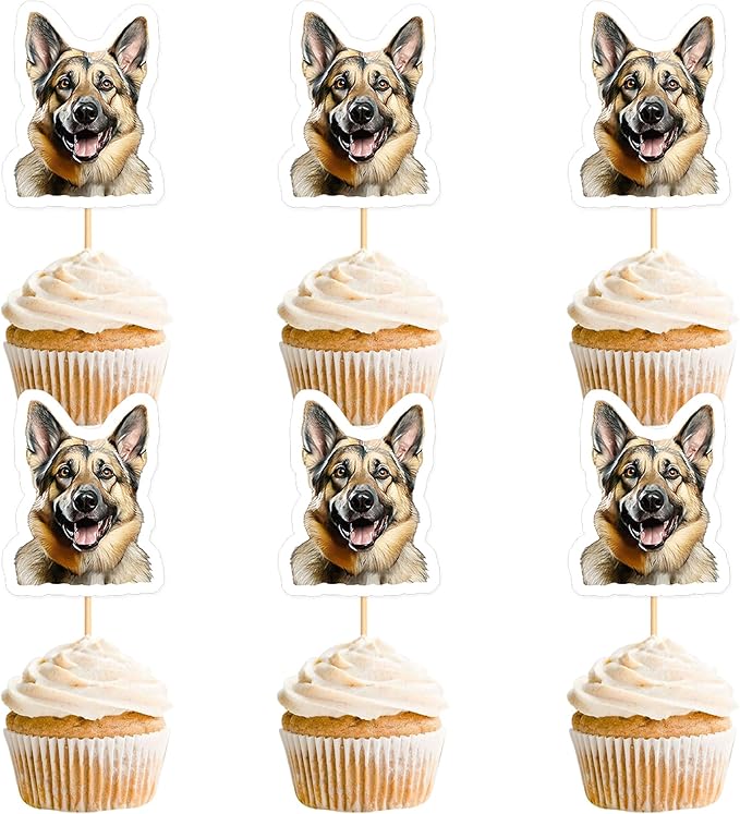 Ercadio 24 Pcs Pet Dog Puppy Cupcake Toppers Cute German Shepherd Dogs Cupcake Picks Puppy Birthday Party Pet Dog Party Cake Decorations