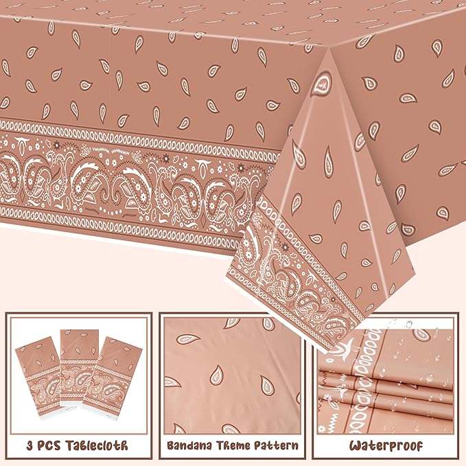 K1tpde 3PCS Bandana Party Tablecloths, Cholo Gangsta Theme Disposable Table Covers, Bandana Plastic Waterproof Tablecloths, Retro Western Birthday Decorations Party Supplies for Adult, Brown