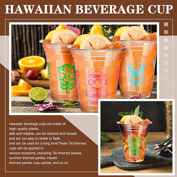 Pinkunn100 Pcs Tiki Plastic Cups Bulk Clear Plastic Mug Cups 16OZ Themed Luau Mug Hawaiian Party Drinking Tumblers for Hawaiian Party Supplies(Tiki)