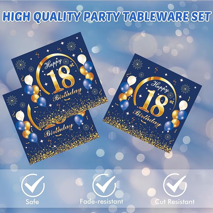 40Pcs 18th Birthday Decorations Kit for Boys Men, Navy Blue and Gold 18th Birthday Party Tableware Set Include Cheers to 18 Years Disposable Paper Plates Napkins for Time To Adult Party Supplies