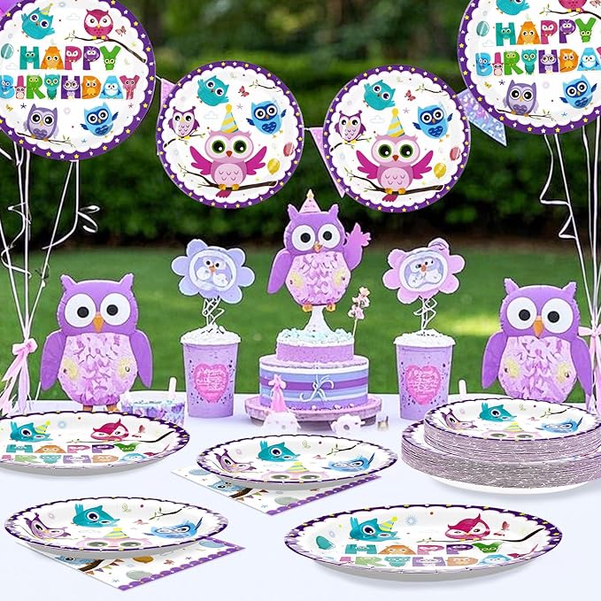 96 Pcs Owl Birthday Party Supplies Cute Cartoon Owl Paper Plates and Napkins Disposable Animal Owl Theme Tableware Set Owl Birthday Party Decorations for Kids Boys Girls Birthday Baby Shower Serves 24