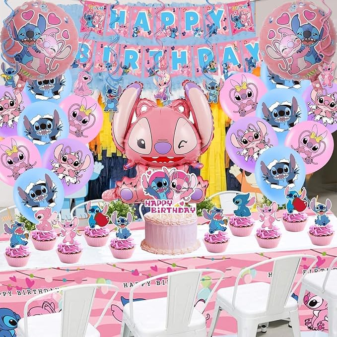 101PCS Stitch Party Supplies, Birthday Decorations Set Include Banner, Balloons, Stickers, Hanging Swirls, Cake Cupcake Toppers, Tablecloth for Girls Pink Stitch Theme Party