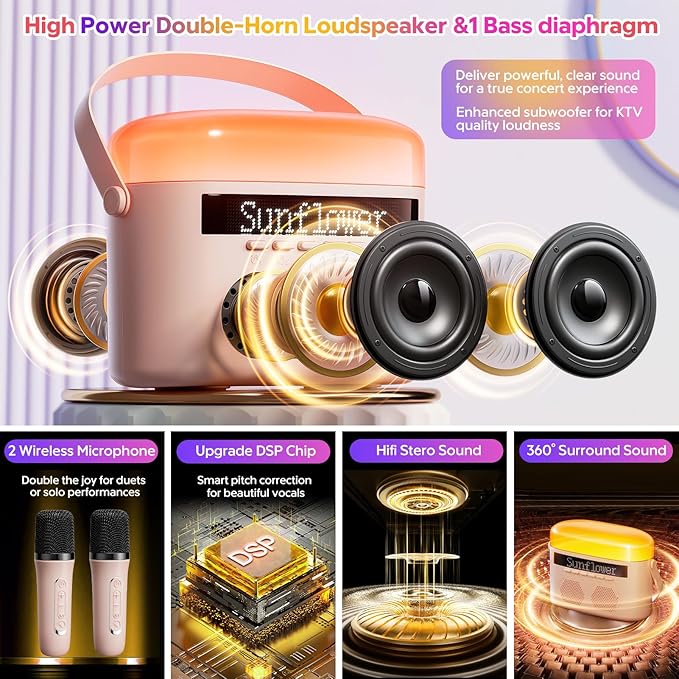 2025 New Mini Karaoke Machine for Kids & Adults, 2 Wireless Mics, LED Colortul Lights, Portable Outdoor Bluetooth Speaker - Pink