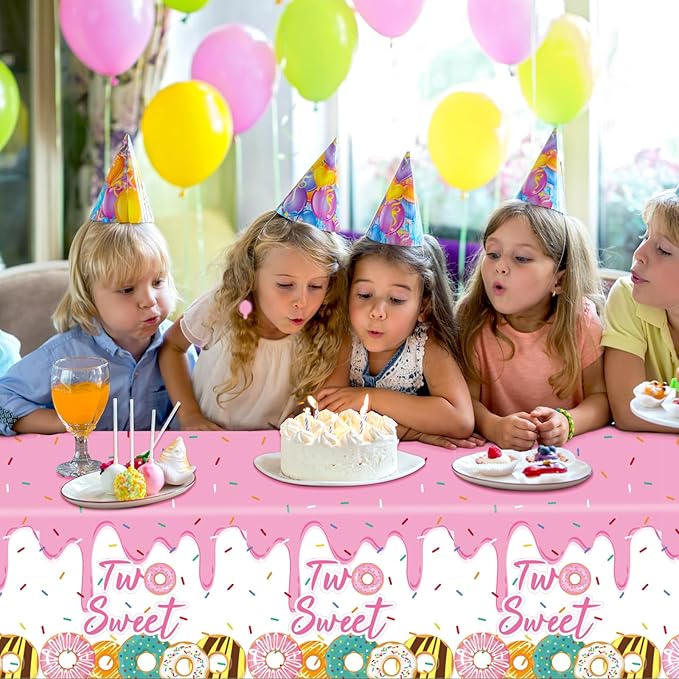 ZOIIWA 3 Pack Two Sweet Donut Birthday Party Tablecloths Decorations Girls Donut Themed Plastic Table Covers for Baby Girl 2nd Birthday Supplies Pink Party Favors Table Decor 54 x 108 Inch