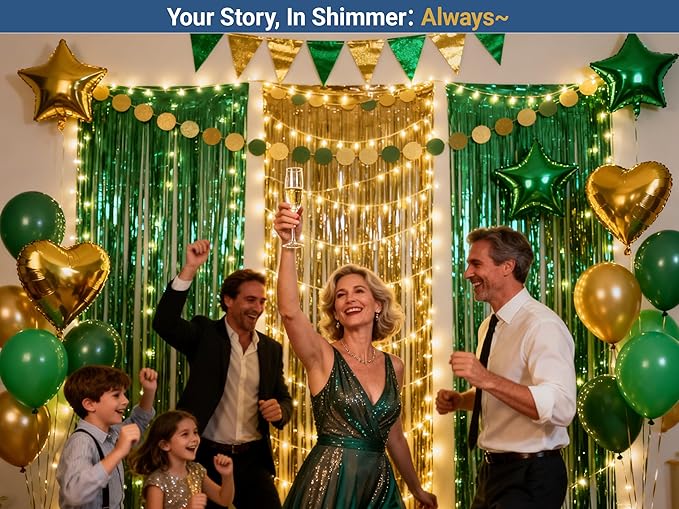 3 Packs Green Gold Foil Fringe Curtains Green Birthday Decorations Streamer 9.9ft for Wedding Party Backdrop Bridal Shower Tinsel,Birthday Party Door Cover Each 3.3 x 6.5 ft