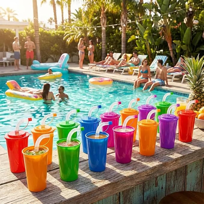 Zubebe 48 Pcs Neon Straws Cups 12 oz Colorful Neon Cups with Sipper and Lids Plastic Favor Reusable Straw for Birthday Party Events Supplies, 6 Colors