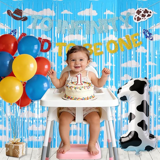Pre-Strung Glitter To Infinity and To Be One Banner Cartoon Story 1st Birthday Party Decorations Toy Inspired Game 1st Birthday Banner Space Theme Inspired One Year Old Milestone Party Supplies