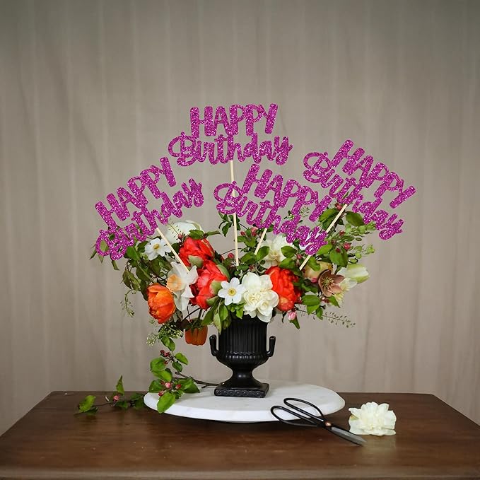 Gyufise 12Pcs Happy Birthday Centerpieces Sticks Double Sided Glitter Birthday Party Decorations Anniversary Table Flower Centerpiece for Celebrating Party Supplies Purple