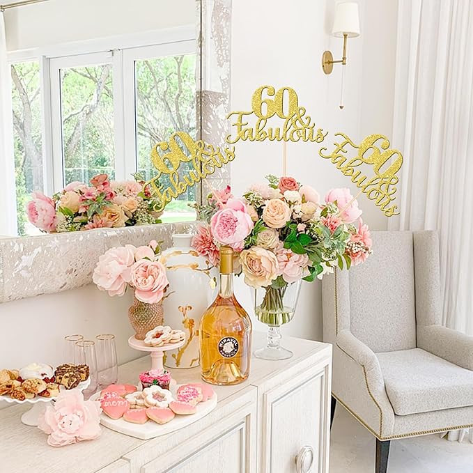 12 PCS 60 and Fabulous Centerpiece Sticks Double Sided Happy 60th Birthday Table Flower Centerpieces Sticks Cheers to 60 Floral Decorations for 60th Birthday Anniversary Party Supplies Gold