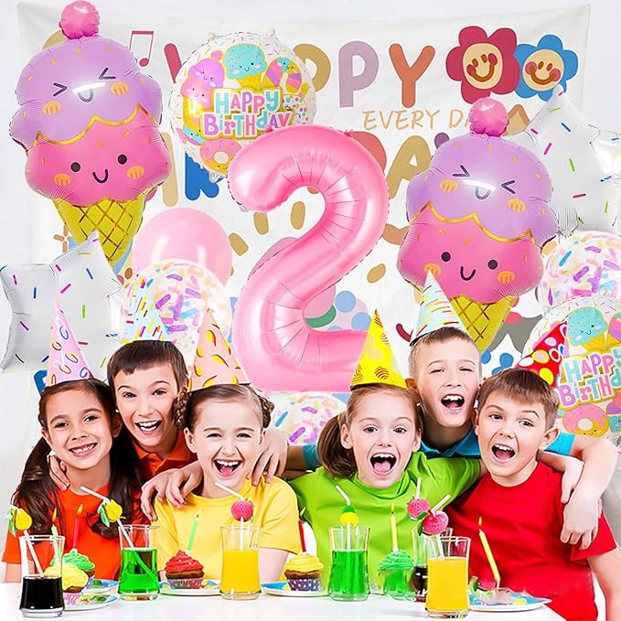Pink Ice Cream Balloons, Number 2 Balloon, Two Sweet Birthday Party Supplies, Ice Cream Balloon for Girls Birthday Party Decoration (2)