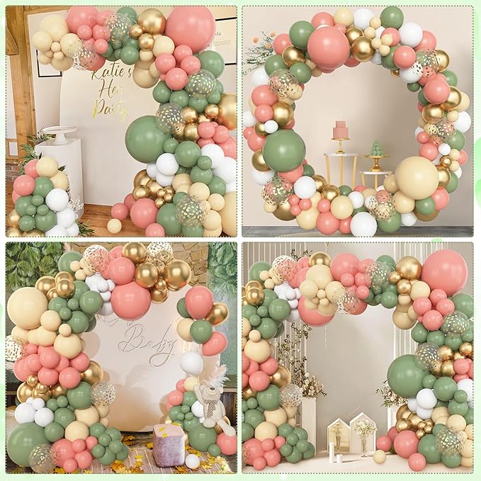 Amandir 153pcs Retro Green Pink Balloon Garland Arch Kit, Different Sizes 18 12 10 5 inch White Dusty Pink Latex Metallic Confetti Balloons for Easter Jungle Safari Woodland Birthday Party Decorations