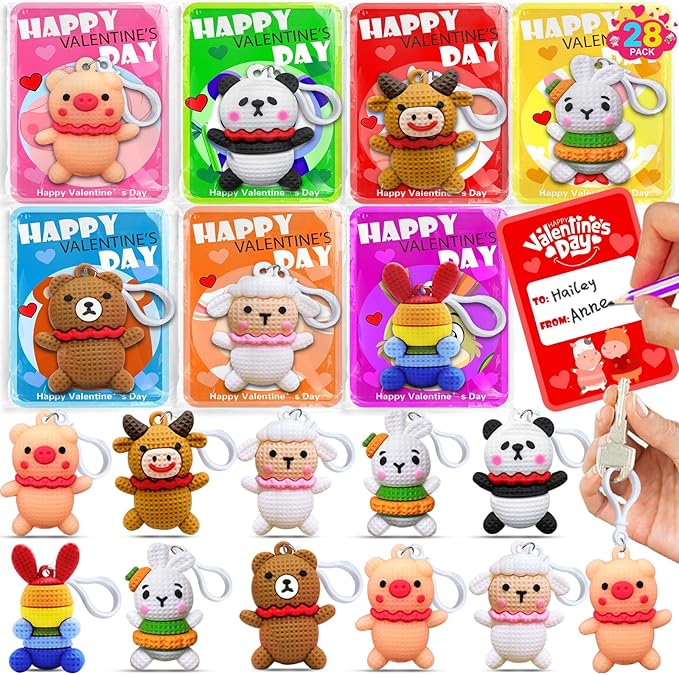 28 Pack Animal Keychains, 7 Styles Keychain Toys for Kids Teens Adults School Classroom Exchange Gift, Party Favors Supplies,Classroom Prizes Birthday Gifts,Easter Party Favors,Easter Basket Stuffers