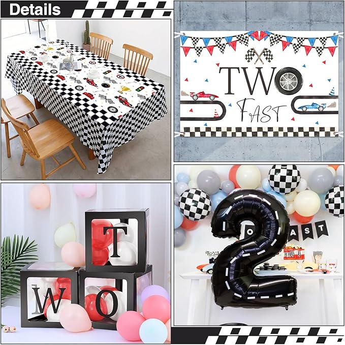 134 Two Fast Birthday Decorations Race Car Party Supplies for 2 Year Old Boy Racing Balloon Garland Arch Kit Backdrop Tablecloth Box Crown Wheel Checkered Balloon 2nd Two Fast Birthday Decor