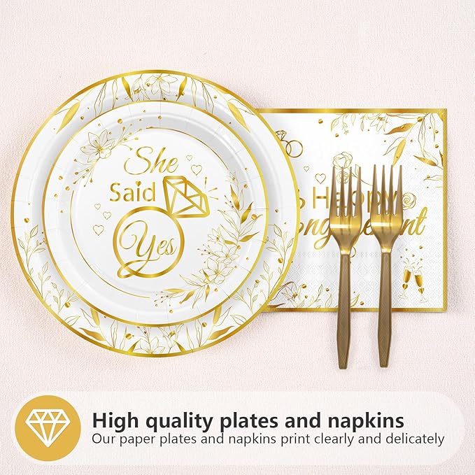 Grencian 96Pcs Happy Engagement Party Supplies White Gold Diamond Ring Plates Napkins She Said Yes Party Disposable Dinnerware for Wedding Bridal Shower Just Engaged Decoration Serve 24