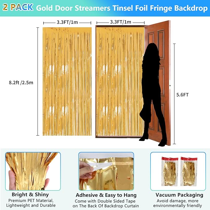 Gold Foil Fringe Backdrop Curtains 2 Pack 3.3x8.2 Ft Tinsel Streamer Fringe Backdrop Door Streamers for New Years Eve Decoration Graduation Birthday Baby Shower Gender Reveal Disco Party